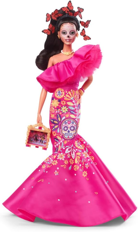 Barbie 2023 Día De Muertos Barbie Doll Wearing Ruffled Pink Gown and Holding Tiny Ofrenda, Barbie Signature