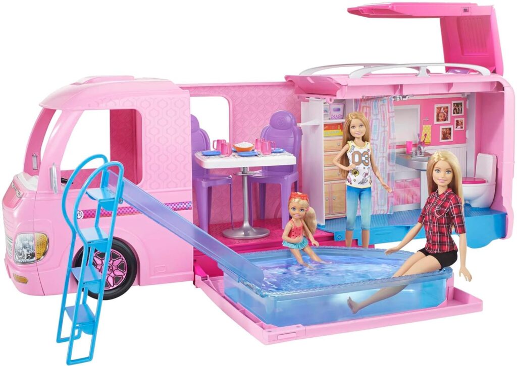 Barbie Camper Playset, Dreamcamper Toy Vehicle with 50 Accessories Including Furniture, Pool  Slide, Hammocks  Fireplace (Amazon Exclusive),Pink