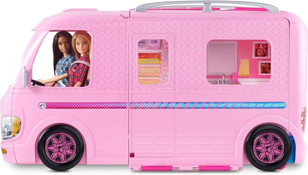 Barbie Camper Playset, Dreamcamper Toy Vehicle with 50 Accessories Including Furniture, Pool  Slide, Hammocks  Fireplace (Amazon Exclusive),Pink