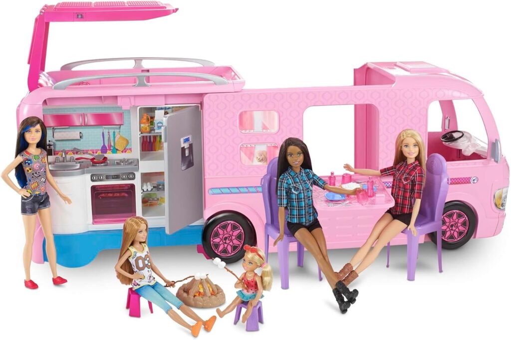 Barbie Camper Playset, Dreamcamper Toy Vehicle with 50 Accessories Including Furniture, Pool  Slide, Hammocks  Fireplace (Amazon Exclusive),Pink