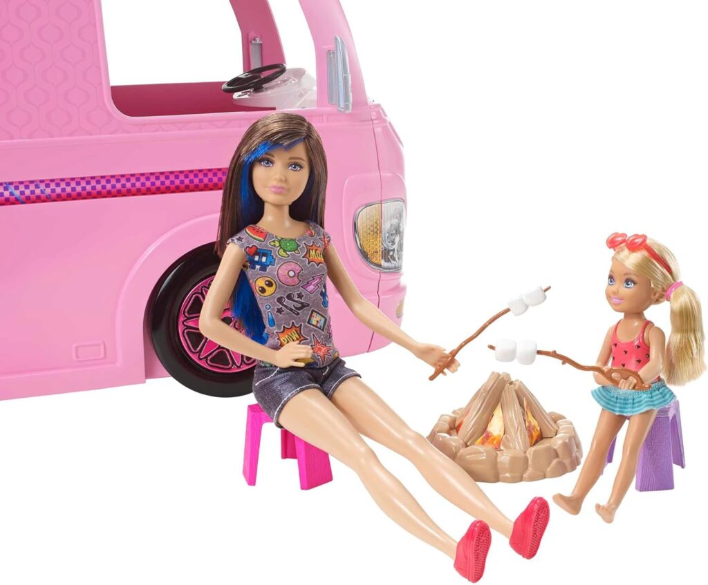 Barbie Camper Playset, Dreamcamper Toy Vehicle with 50 Accessories Including Furniture, Pool  Slide, Hammocks  Fireplace (Amazon Exclusive),Pink