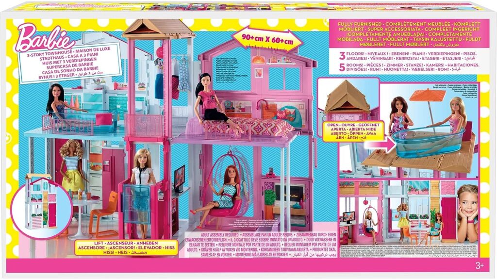 Barbie Doll House, 3-Story Townhouse with 4 Rooms  Rooftop Lounge, Furniture  Accessories Including Swinging Chair (Amazon Exclusive)