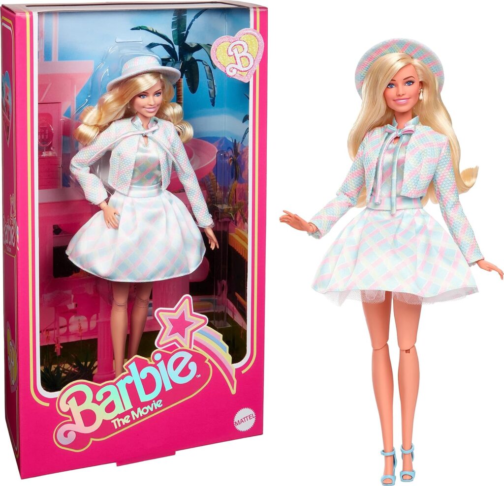 Barbie The Movie Doll, Margot Robbie as Barbie, Collectible Doll Wearing Blue Plaid Matching Set with Matching Hat and Jacket