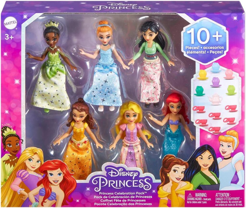 Disney Princess Small Doll Party Set with 6 Posable Princess Dolls in Sparkling Clothing and 13 Tea Time Accessories