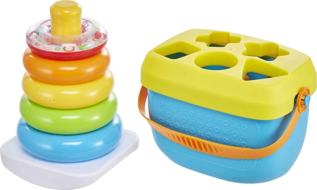 Fisher-Price Infant Gift Set with Baby’s First Blocks (10 Shapes) and Rock-a-Stack Ring Stacking Toy for Ages 6+ Months (Amazon Exclusive)