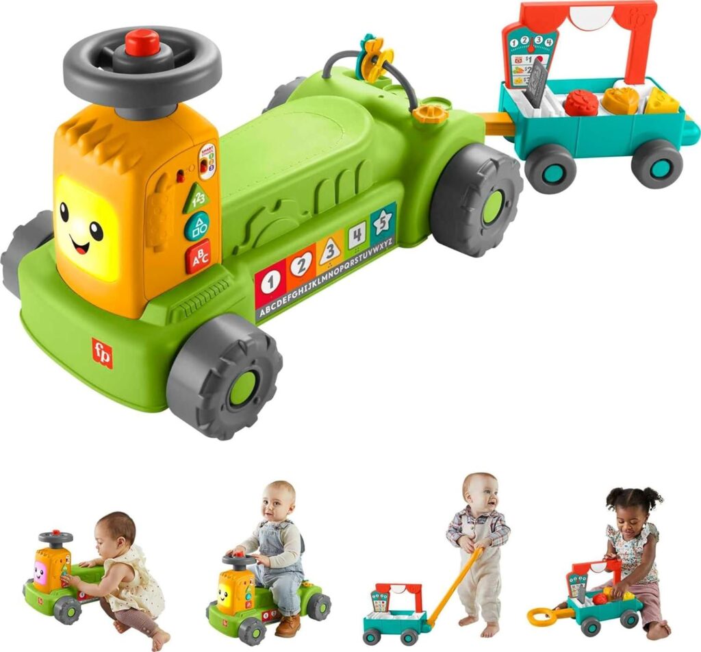 Fisher-Price Laugh  Learn Baby to Toddler Toy, 4-in-1 Farm to Market Tractor Ride On with Pull Wagon  Smart Stages for Ages 9+ Months