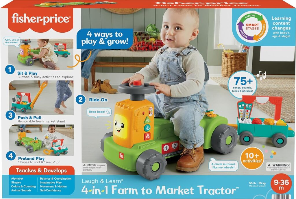 Fisher-Price Laugh  Learn Baby to Toddler Toy, 4-in-1 Farm to Market Tractor Ride On with Pull Wagon  Smart Stages for Ages 9+ Months