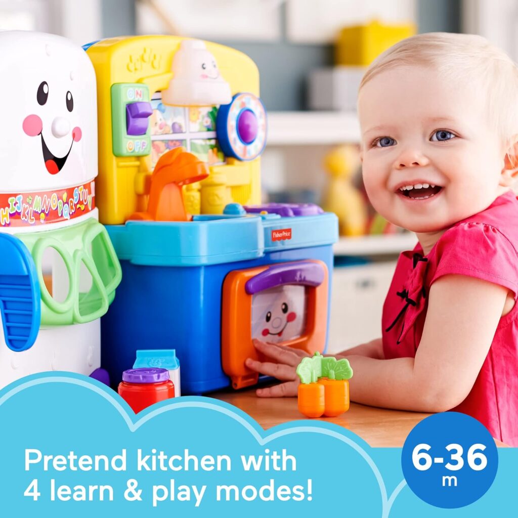 Fisher-Price Laugh  Learn Toddler Playset, Learning Kitchen with Music Lights  Bilingual Content for Baby to Toddler Pretend Play