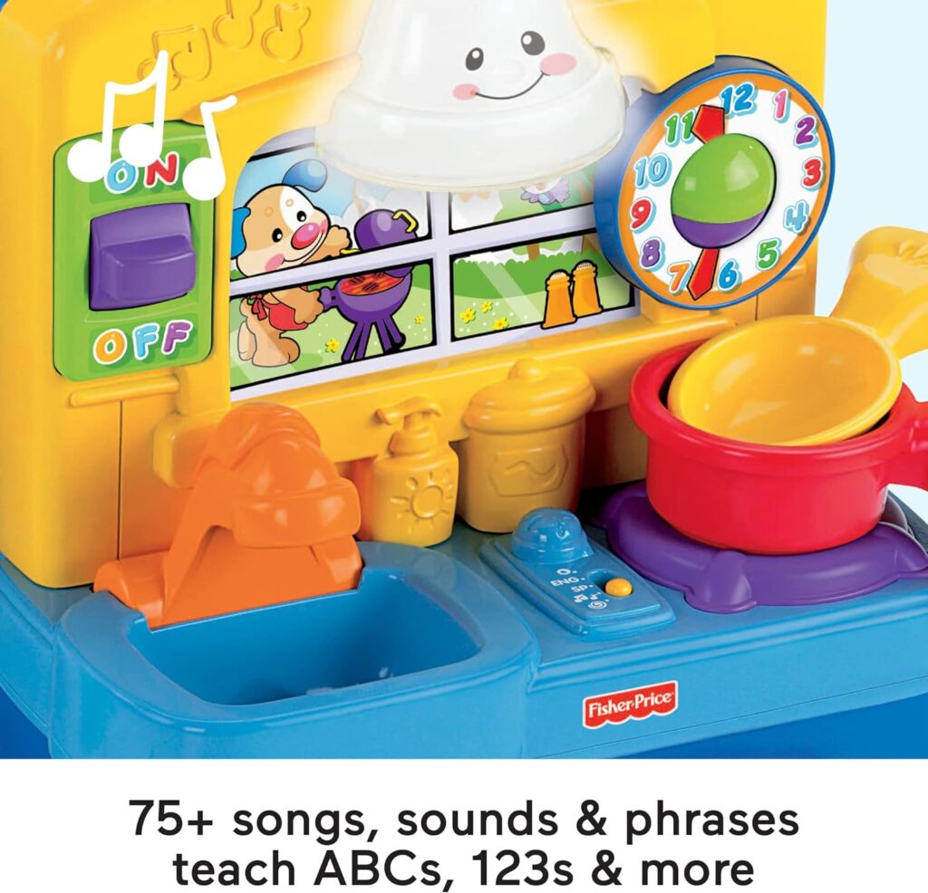 Fisher-Price Laugh  Learn Toddler Playset, Learning Kitchen with Music Lights  Bilingual Content for Baby to Toddler Pretend Play