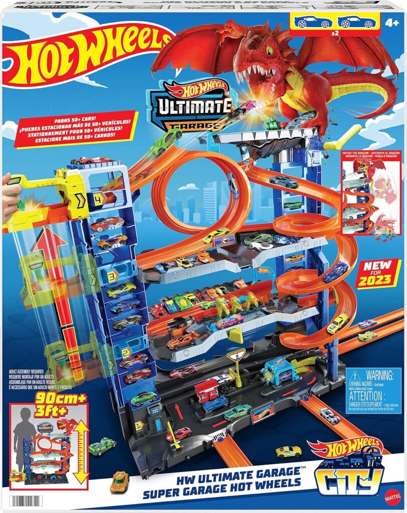 Hot Wheels City Ultimate Garage Playset with 2 Die-Cast Cars, Toy Storage for 50+ 1:64 Scale Cars, 4 Levels of Track Play, Defeat The Dragon