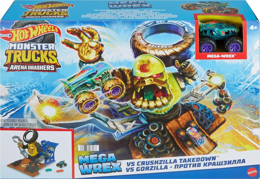 Hot Wheels Monster Trucks Arena Smashers Mega-Wrex vs. Crushzilla Takedown with 1:64 Scale Mega-Wrex Toy Truck and 6 Crushable Cars