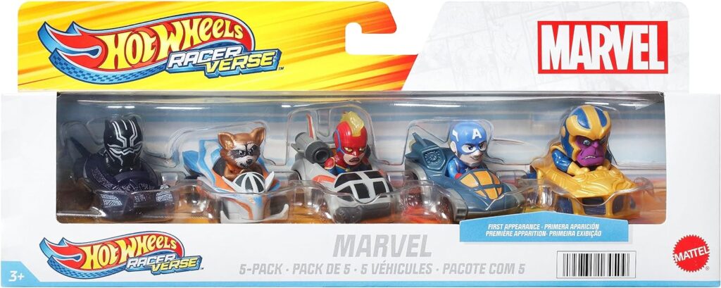 Hot Wheels RacerVerse, Set of 5 Die-Cast Marvel Toy Cars Optimized for Hot Wheels Track Performance with Popular Marvel Characters as Drivers, Gift for Kids  Collectors