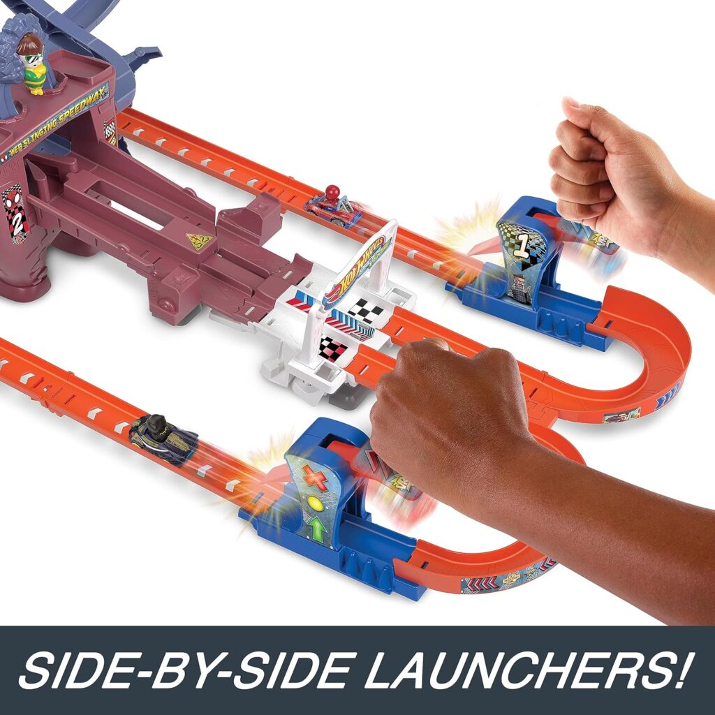 Hot Wheels RacerVerse Spider-Man’s Web-Slinging Speedway Track Set with Hot Wheels Racers Spider-Man  Black Panther, Multi-Lap Race to Escape Doc Ock