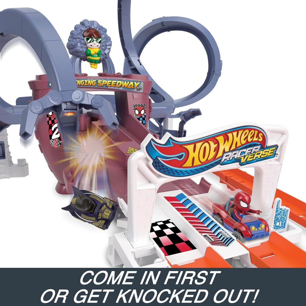 Hot Wheels RacerVerse Spider-Man’s Web-Slinging Speedway Track Set with Hot Wheels Racers Spider-Man  Black Panther, Multi-Lap Race to Escape Doc Ock