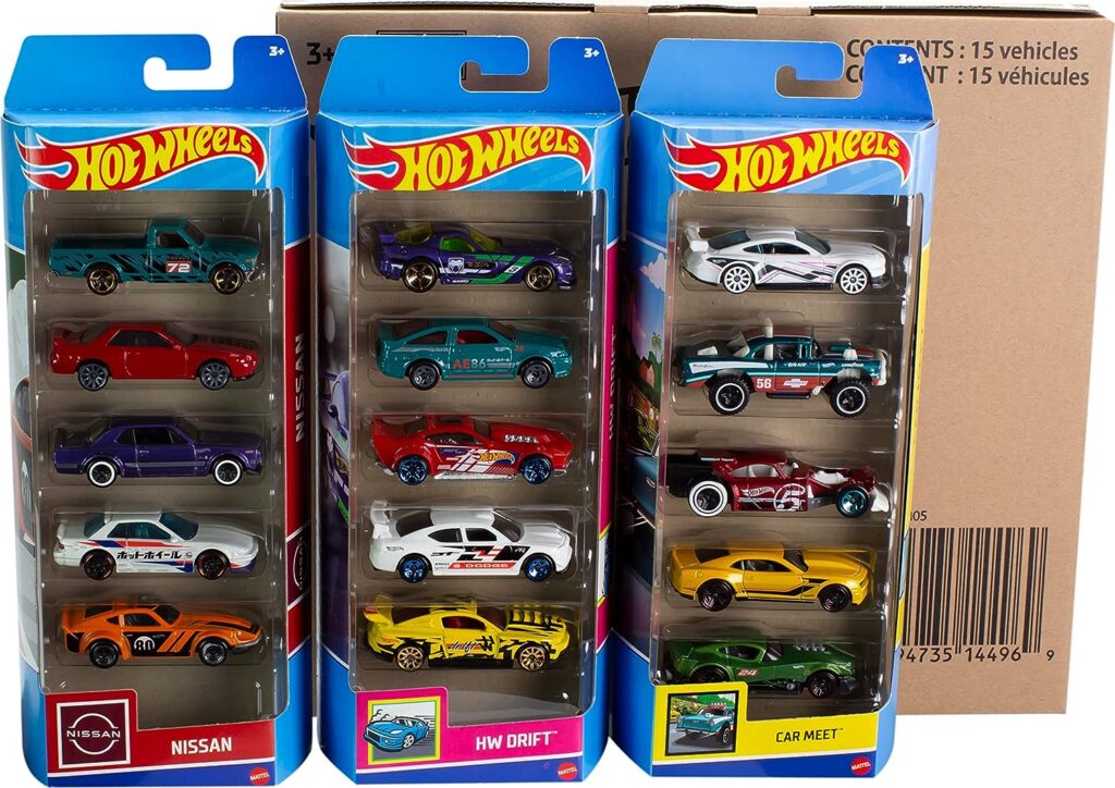 Hot Wheels Set of 15 Toy Cars or Trucks, 3 Themed 5-Packs of 1:64 Scale Die-Cast Vehicles (Styles May Vary)