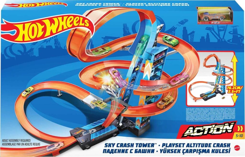 Hot Wheels Toy Car Track Set Sky Crash Tower, More Than 2.5-Ft Tall with Motorized Booster, 1:64 Scale Toy Car