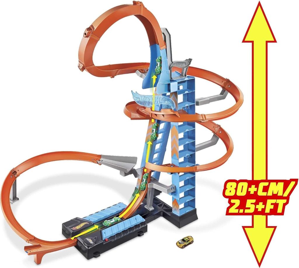 Hot Wheels Toy Car Track Set Sky Crash Tower, More Than 2.5-Ft Tall with Motorized Booster, 1:64 Scale Toy Car
