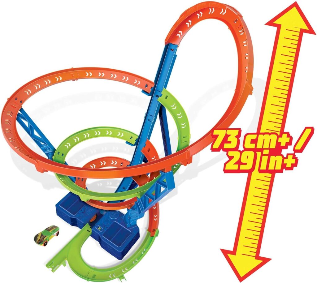 Hot Wheels Toy Car Track Set Spiral Speed Crash, Powered by Motorized Booster, 29-in Tall Track with 1:64 Scale Car