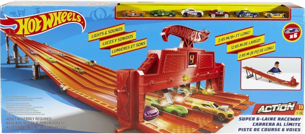 Hot Wheels Toy Car Track Set Super 6-Lane Raceway, 8Ft Track That Rolls Up for Storage, 6 1:64 Scale Cars