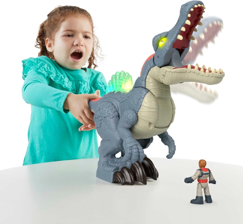 Imaginext Jurassic World Dinosaur Toy Ultra Snap Spinosaurus with Lights Sounds  Chomping Action plus Figure for Ages 3+ Years