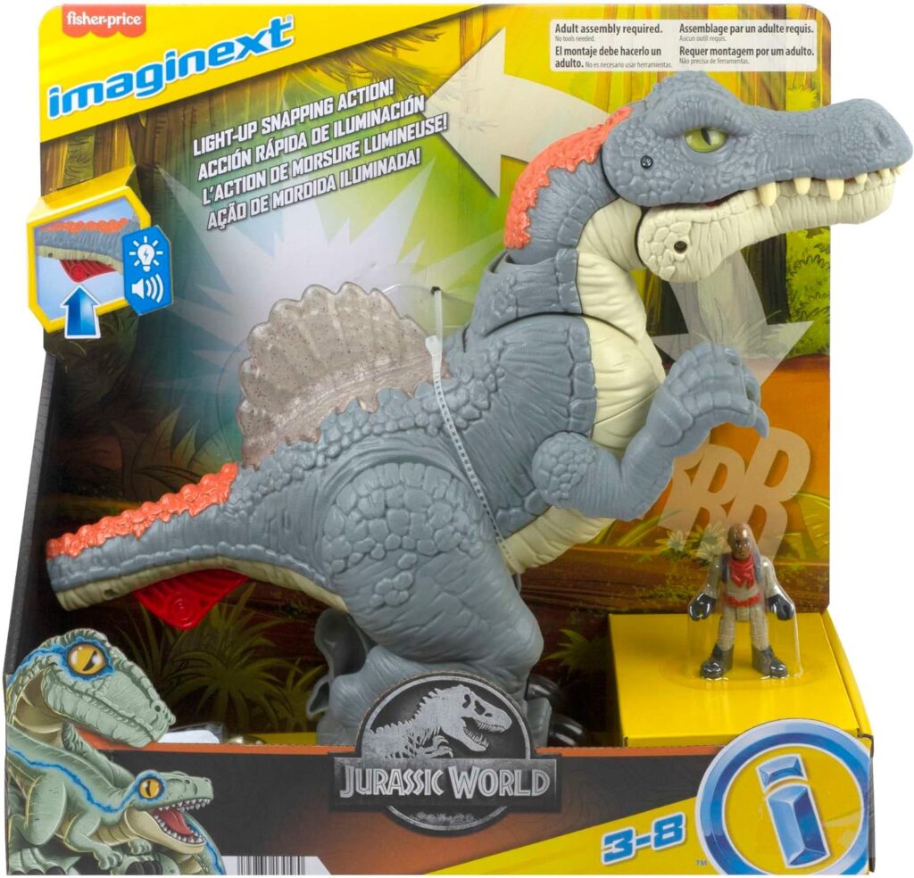 Imaginext Jurassic World Dinosaur Toy Ultra Snap Spinosaurus with Lights Sounds  Chomping Action plus Figure for Ages 3+ Years