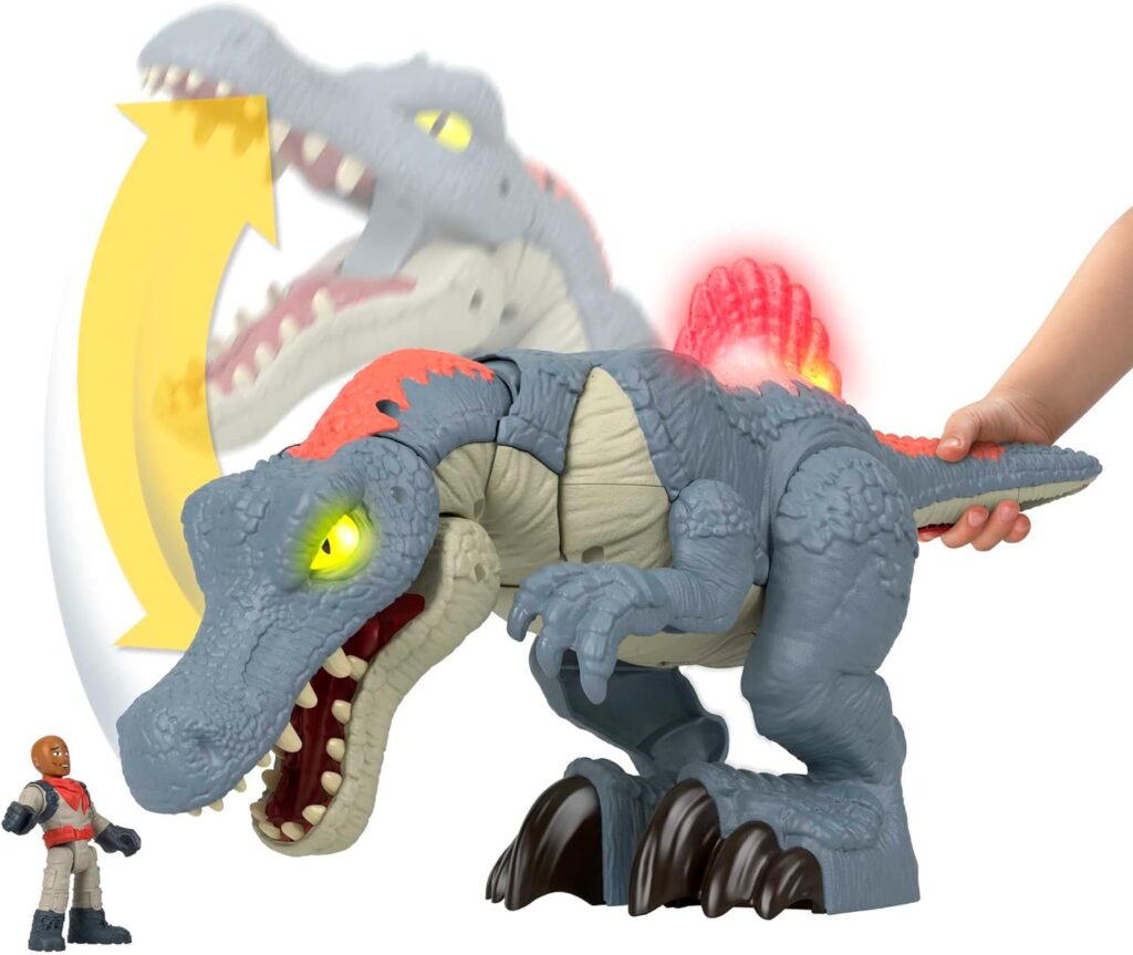 Imaginext Jurassic World Dinosaur Toy Ultra Snap Spinosaurus with Lights Sounds  Chomping Action plus Figure for Ages 3+ Years