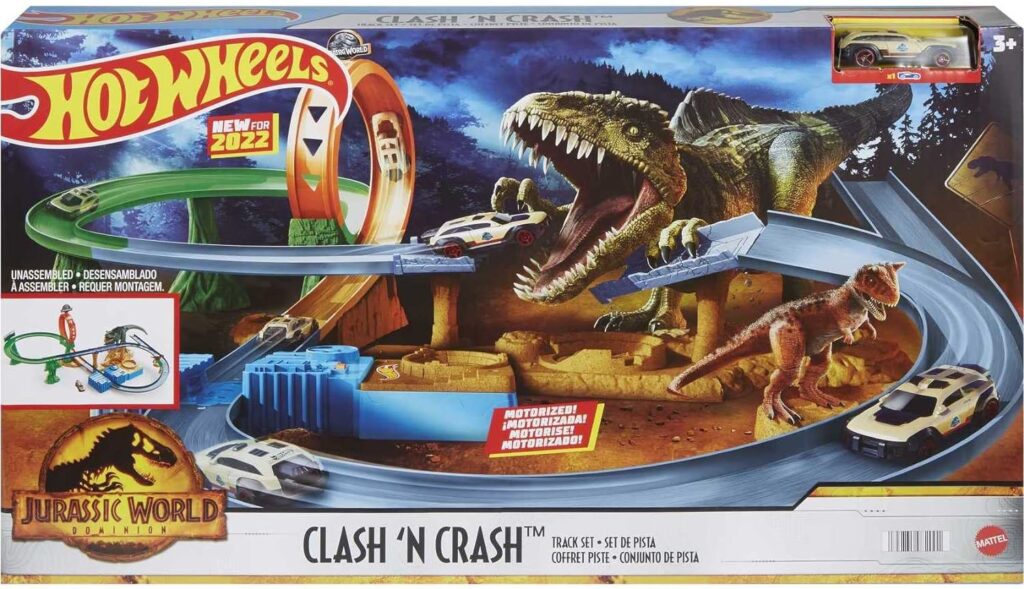 Jurassic World Toys Hot Wheels Jurassic World Dominion Toy Cars Track Set, Clash N Crash Playset with Motorized Booster  1:64 Scale Car