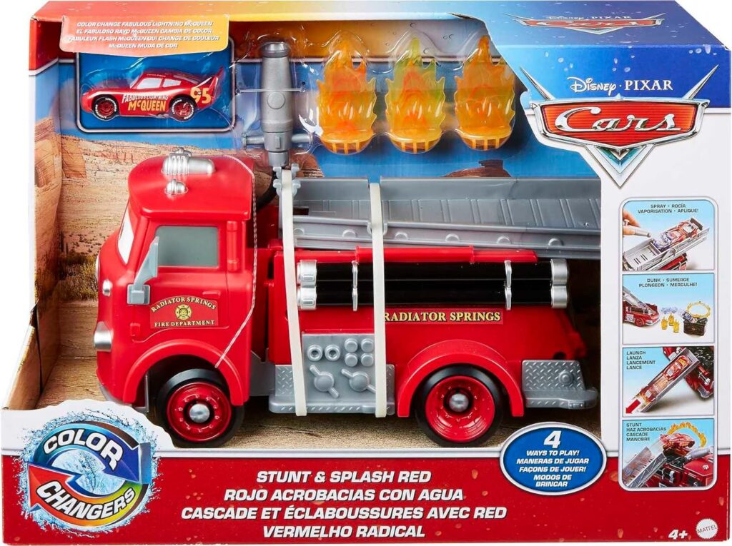 Mattel Disney Cars Toys Stunt  Splash Red Fire Truck with Color-Change Lightning Mcqueen Toy Car, Working Hose, Dunk Tank  More