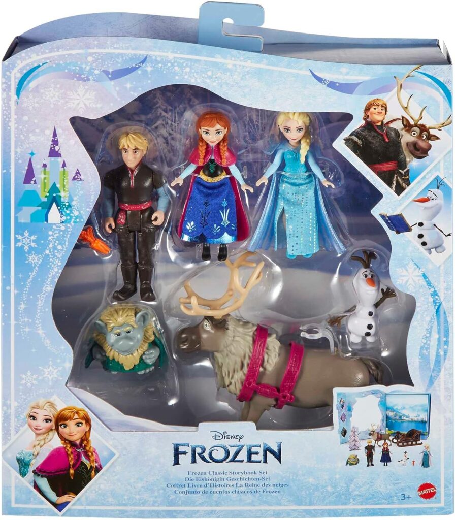Mattel Disney Frozen Toy Set with 6 Key Characters, Classic Storybook Playset with 4 Small Dolls, 2 Figures  Accessories