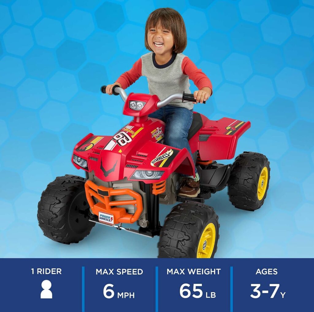 Power Wheels Hot Wheels Ride-On Toy Racing ATV with Multi-Terrain Traction and Reverse Drive, Seats 1 (Amazon Exclusive)