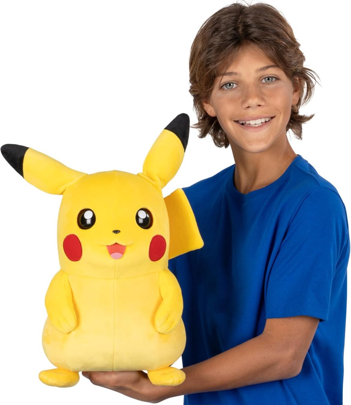 Pikachu Puppetronic by RealFX with glowing cheeks and blinking eyes on its display stand