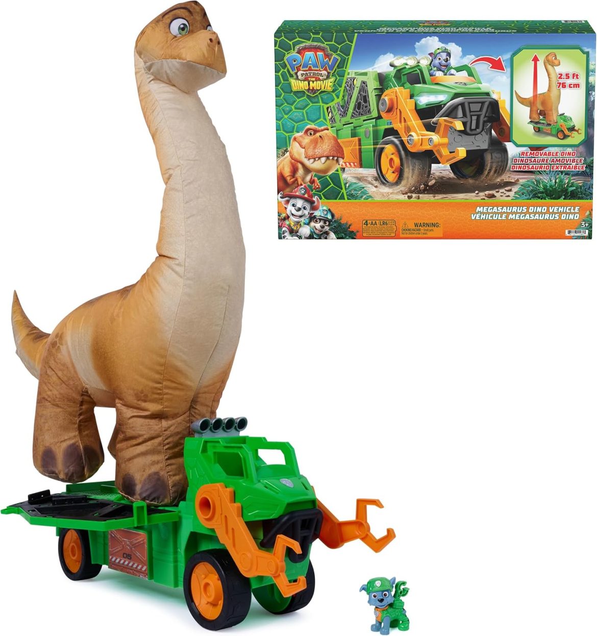 PAW Patrol Megasaurus Dino Vehicle with Rocky figure beside a fully inflated green dinosaur emerging from the truck