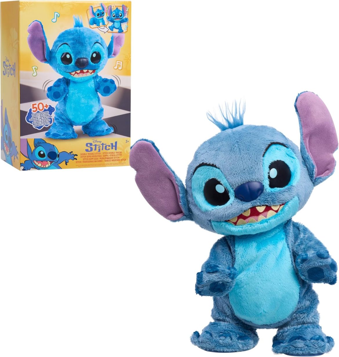Disney Stitch Double Trouble Interactive Plush standing and smiling, ready to dance