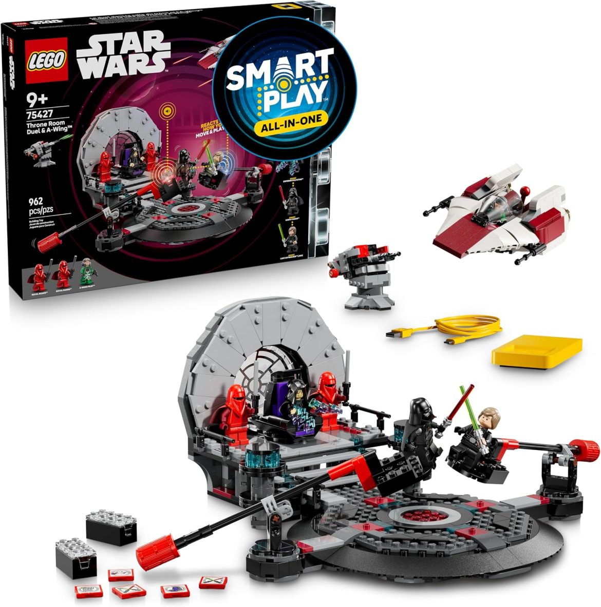 LEGO Star Wars SMART Play Throne Room Duel & A‑Wing (75427) assembled, with the A‑wing swooping past the Death Star throne room
