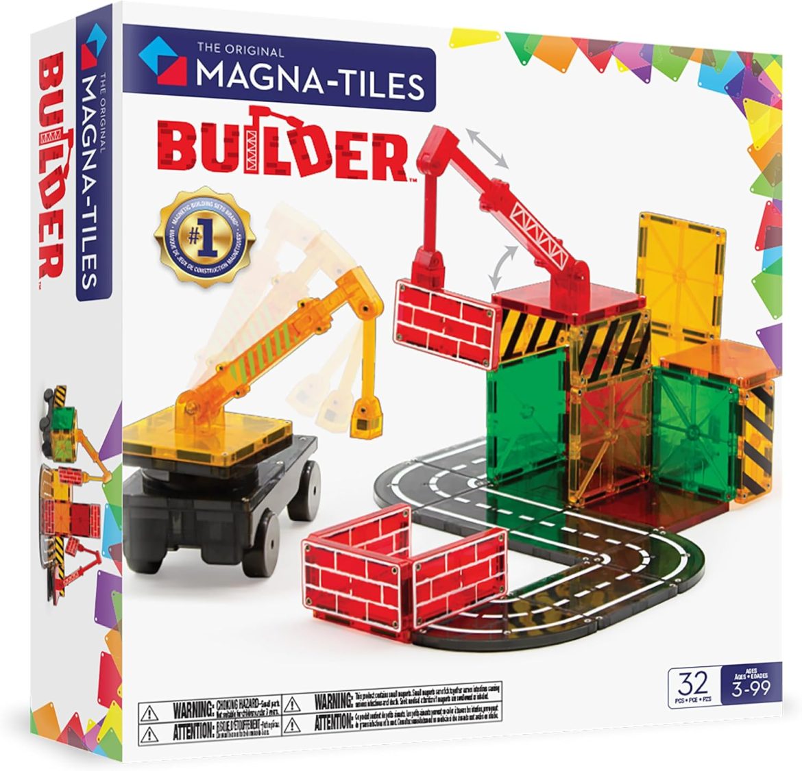 Magna‑Tiles Builder 32‑Piece Set with cranes and road tiles arranged in a small city scene